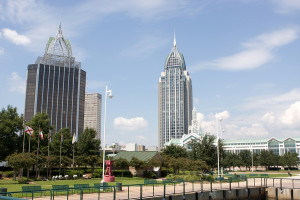 Mobile Alabama's skyline looking northwest from the Cooper Riverside Park on the Mobile River.